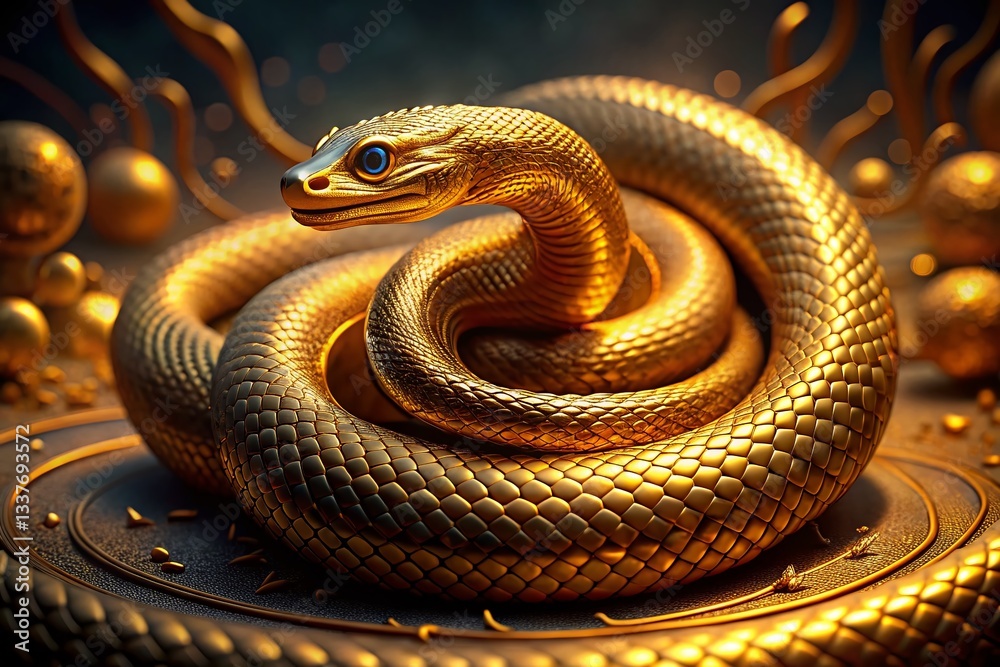 Fototapeta premium Luxurious Golden Serpent: 3D Rendered Surreal Photography