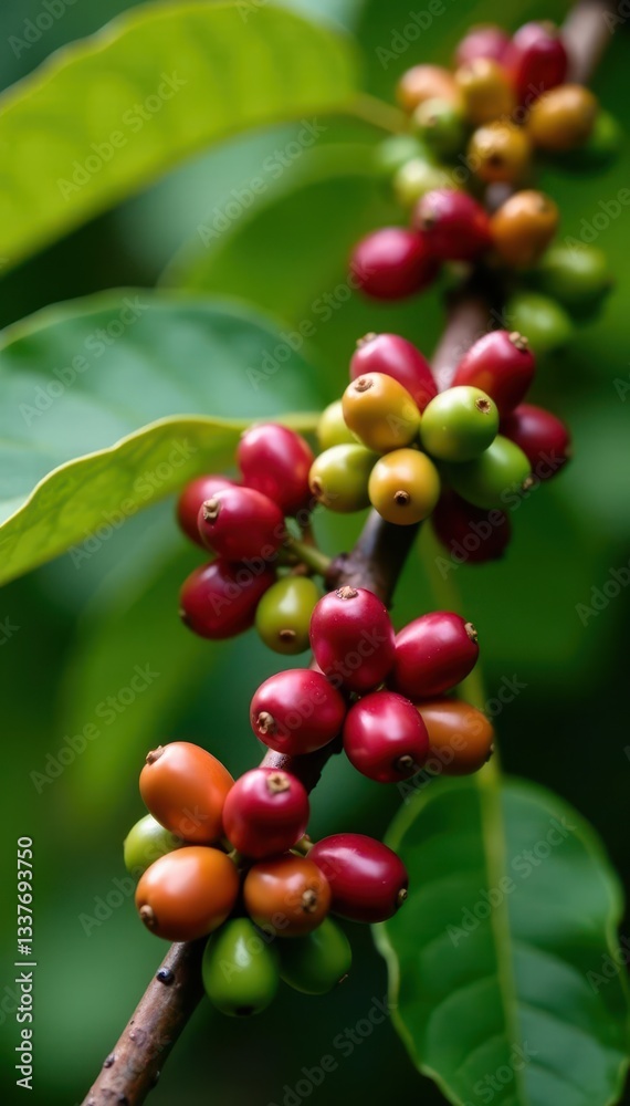 Close-up coffee branches laden with ripening coffee beans , coffee crop, red, harvest Close-up coffee branches laden with ripening coffee beans , coffee crop, red, harvest