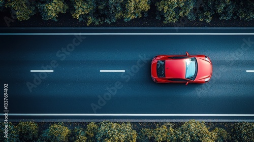 Red car driving on asphalt road, aerial view.