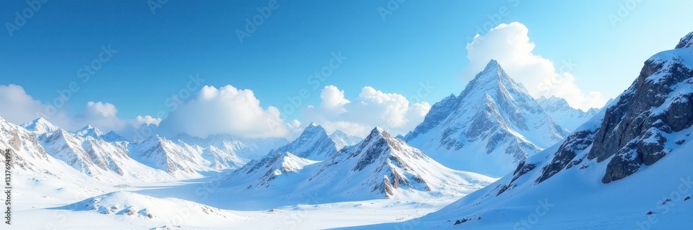 Obraz premium Crystal clear sky, dramatic snowy mountain range , clouds, ice