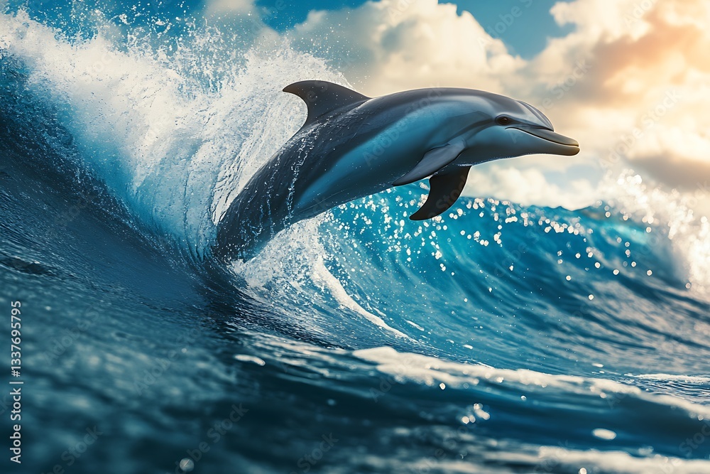 Fototapeta premium Dolphin leaping out of ocean wave under sunset sky. Perfect for ocean conservation