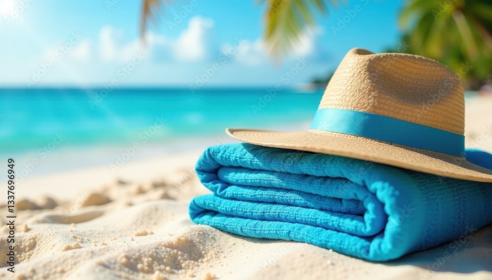 Obraz premium Folded blue towel, wide-brimmed hat, sunny beach scene, resort, beach, accessory