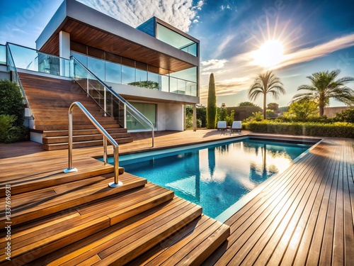 Luxury Swimming Pool with Wooden Deck   Stainless Steel Stairs - Modern Resort Architecture