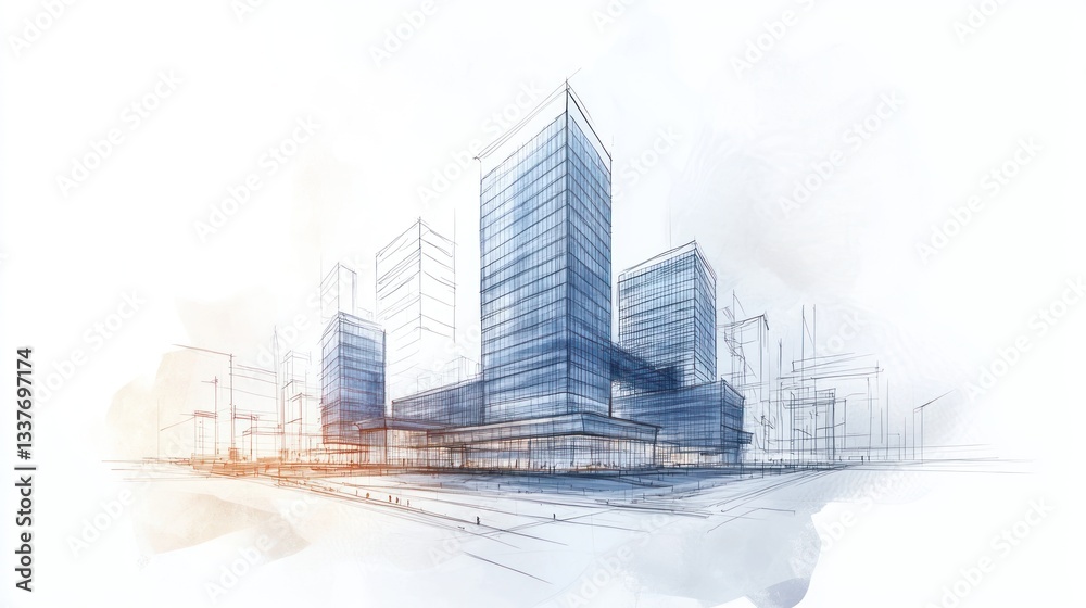 Obraz premium Urban architectural sketch illustrating modern skyscrapers with dynamic angles
