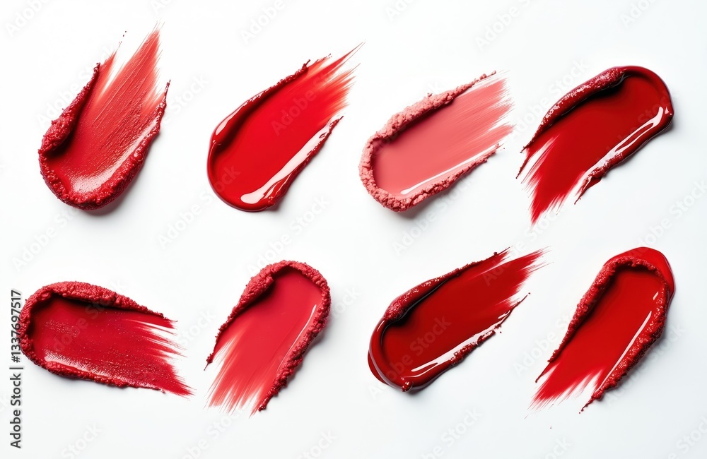 Red lipstick smears isolated on white background. Beauty cosmetic product strokes with creamy, crushed texture for fashion, glamour design. Perfect for valentine holiday, romantic kiss, love concepts. Red lipstick smears isolated on white background. Beauty cosmetic product strokes with creamy, crushed texture for fashion, glamour design. Perfect for valentine holiday, romantic kiss, love concepts.