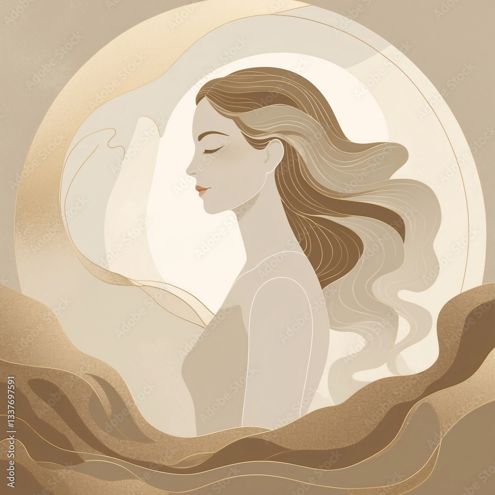 Graceful hand drawn abstract painting of a woman surrounded by celestial moon and waves in soft golden tones elegant artwork Abstract Woman Illustration Flat Design Graceful hand drawn abstract painting of a woman surrounded by celestial moon and waves in soft golden tones elegant artwork Abstract Woman Illustration Flat Design
