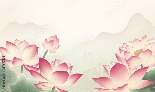 Chinese style horizontal plate illustrations of lotus and ink landscape