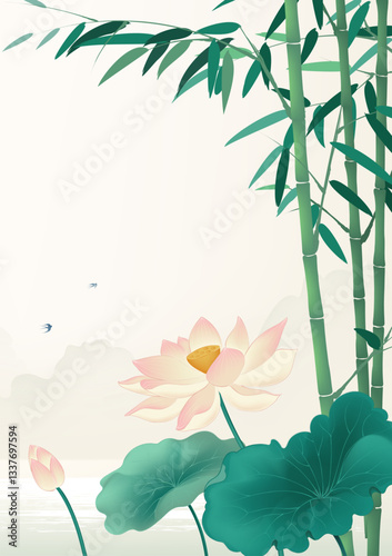 Chinese style vertical illustrations design lotus and bamboo