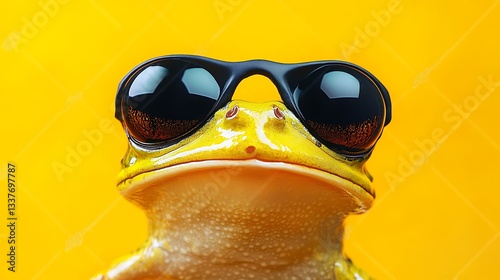Cool yellow frog wearing sunglasses. Fun and quirky image of stylish frog in sunglasses on yellow background. Playful nature concept for World Frog Day celebrations and campaigns
