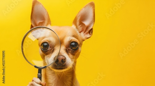 Chihuahua dog holding a magnifying glass against a bright yellow background
