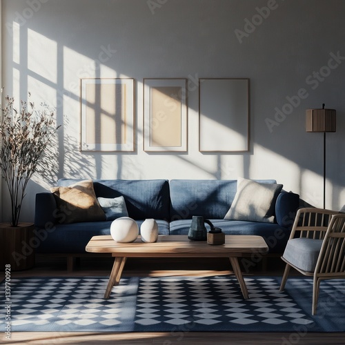 Sunny, modern living room with a cozy sofa and minimalist decor