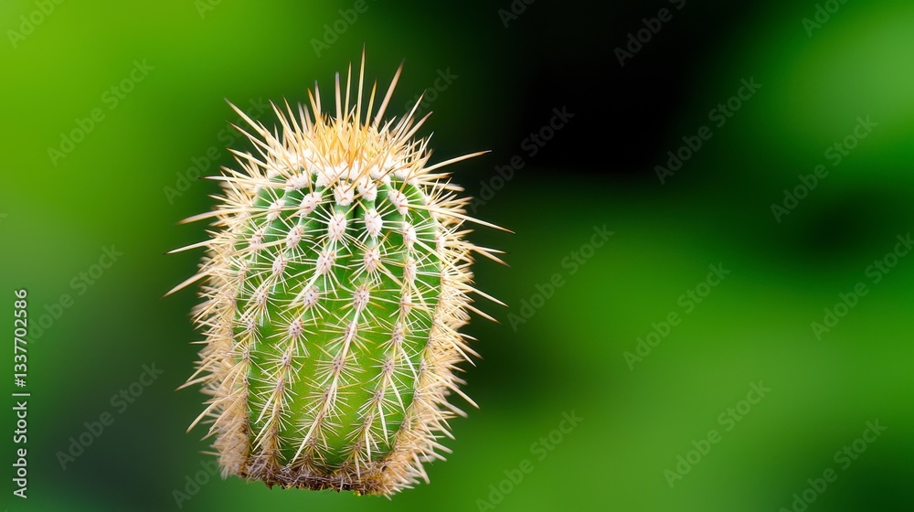 Close Up of a Small Green Cactus with Light Spines Against a Blurred Background Close Up of a Small Green Cactus with Light Spines Against a Blurred Background