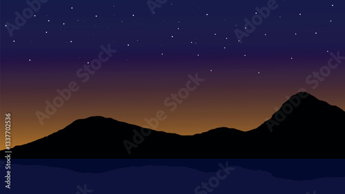 Vibrant Orange Dusk Sunset over Mountain Peaks with Sea – Adventure Illustration