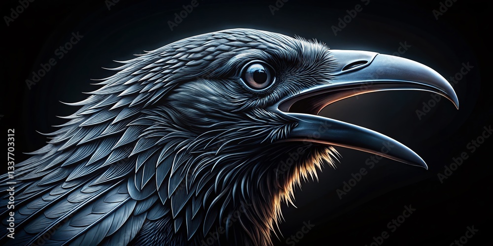 Fototapeta premium Macro Raven Engraving: Open Beak, Detailed Feather Texture, Dark Bird Illustration