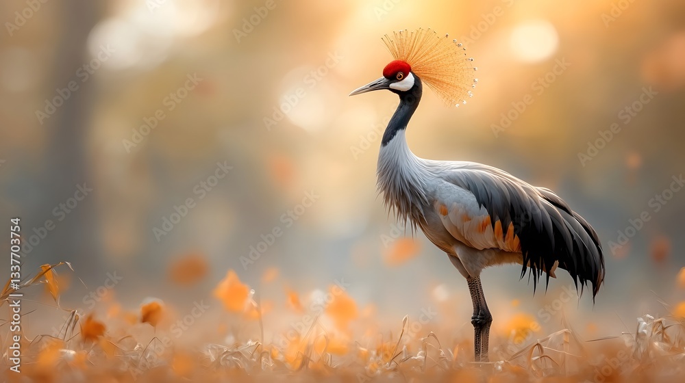 Fototapeta premium A striking crowned crane stands elegantly in a sunlit savanna its golden feathered crown glowing in the warm light creating a captivating and natural scene