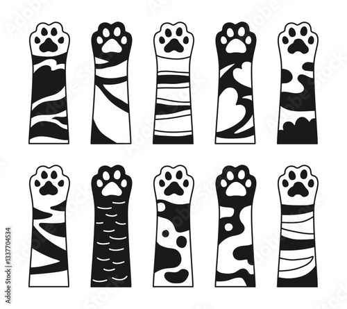 Cats paws cartoon doodle black and white set. Different cat kitten palm up furry hands. Art design footprint for pet store flat style. Textured patterned pets feet various fur. Vector Illustration