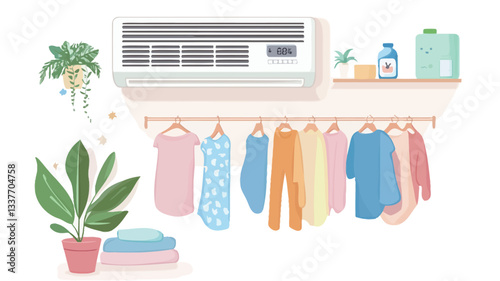 A digitally rendered illustration depicts a white wall-mounted air conditioner above a clothing rack with pastel-colored clothing.  A shelf with cleaning supplies is visible above the rack. Two