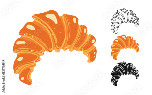 Croissant Italian or French trendy freshly baked. Cartoon bun bakery in different styles outline silhouette drawn set. For bakery branding, menu, recipe book pastries textured vector art Illustration