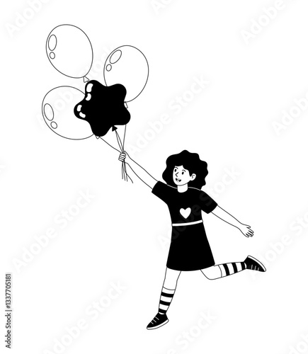 Young girl joyfully runs with colorful balloons in a playful outdoor setting