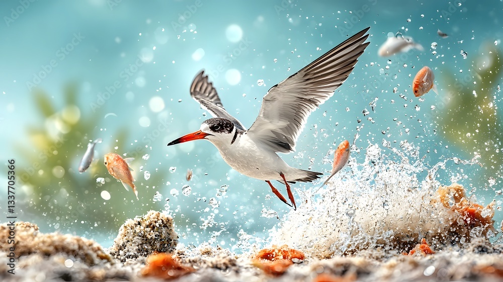 Naklejka premium Sleek Black Skimmer Bird Gliding Effortlessly Just Above the Water s Surface Its Lower Beak Cutting Through the Gentle Waves as It Searches for Fish in a Peaceful Coastal Seascape Setting