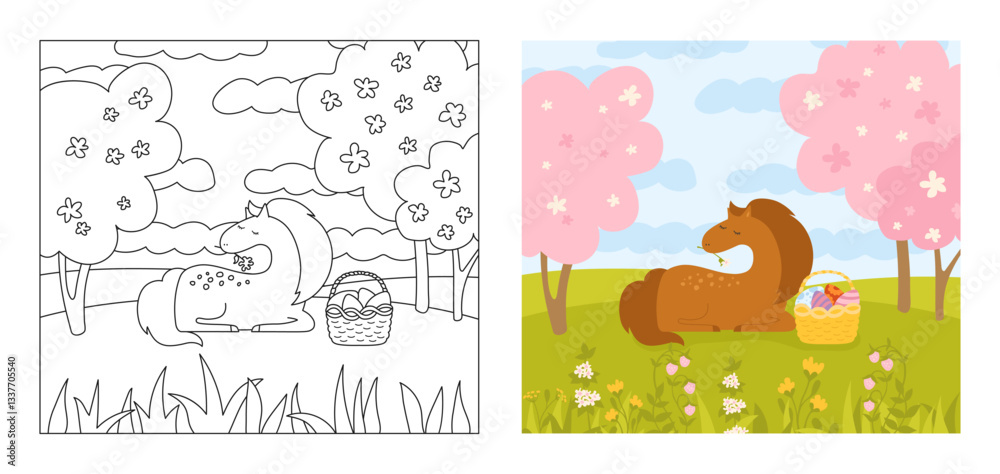 Horse on summer spring meadow with basket and Easter eggs. Easter coloring book for kids cartoon vector illustration. Comic mare horse stallion. Flat animal character art design perfect for children Horse on summer spring meadow with basket and Easter eggs. Easter coloring book for kids cartoon vector illustration. Comic mare horse stallion. Flat animal character art design perfect for children