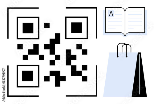 QR code beside an open book and a shopping bag representing e-learning, retail, digital access, marketing, modern reading, contactless payment, or information exchange. Ideal for tech, education