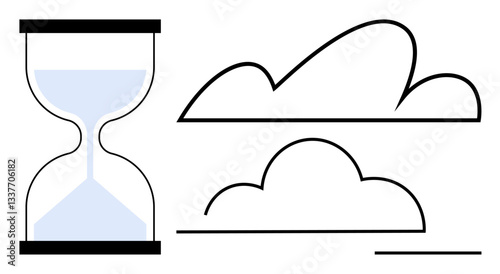Hourglass with flowing sand and outlined clouds emphasizes time, transience, simplicity. Ideal for time management, mindfulness, life cycles, abstract thinking, change, minimalism flat simple