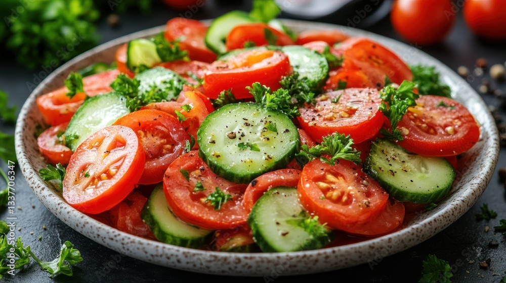 Fresh salad sliced tomatoes, cucumbers, and parsley on a plate with dark background