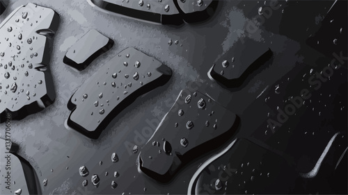 A detailed close-up shot reveals the textured surface of a tire tread.  The tread is predominantly black and features a complex pattern of grooves and ridges. Numerous water droplets are visible on