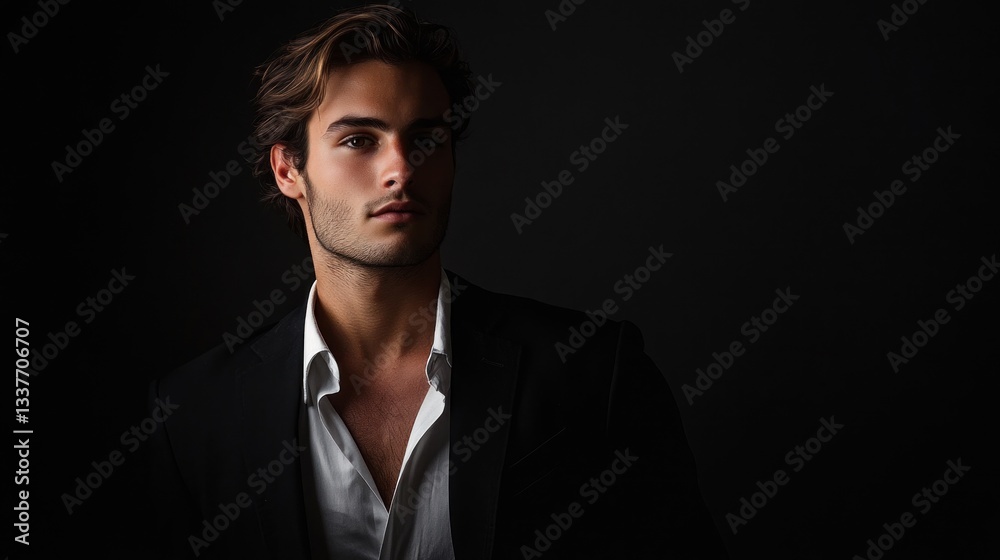 Fototapeta premium Stylish man in dark suit against black backdrop
