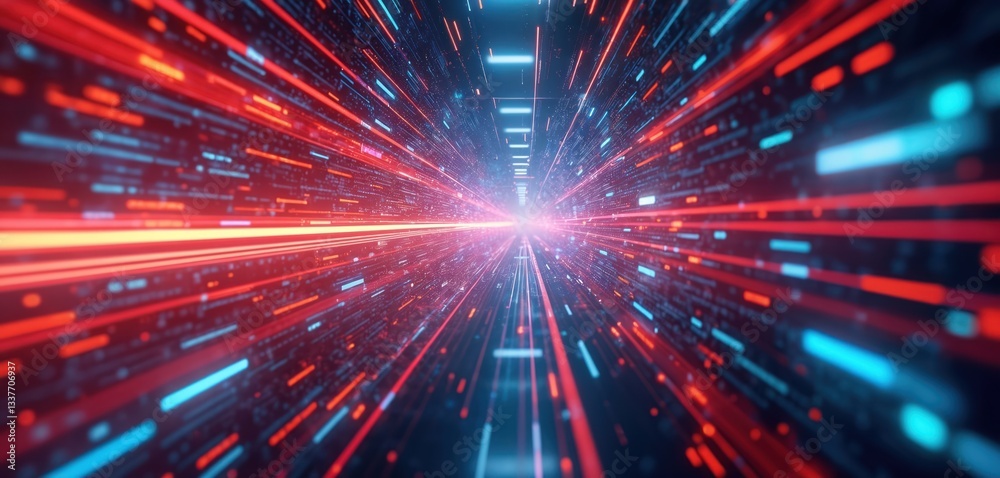 Bright light at end of digital tunnel. Abstract hi-tech background with glowing lines, neon rays, data stream, code rain. Speed of light in cyberspace. future, data transfer, network connection, big Bright light at end of digital tunnel. Abstract hi-tech background with glowing lines, neon rays, data stream, code rain. Speed of light in cyberspace. future, data transfer, network connection, big