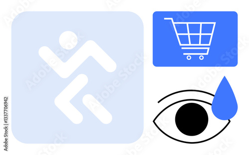 Figures running in motion, shopping cart, eye, and a tear drop. Ideal for business, e-commerce, emotions, activity health symbolism awareness. Clean flat simple metaphor