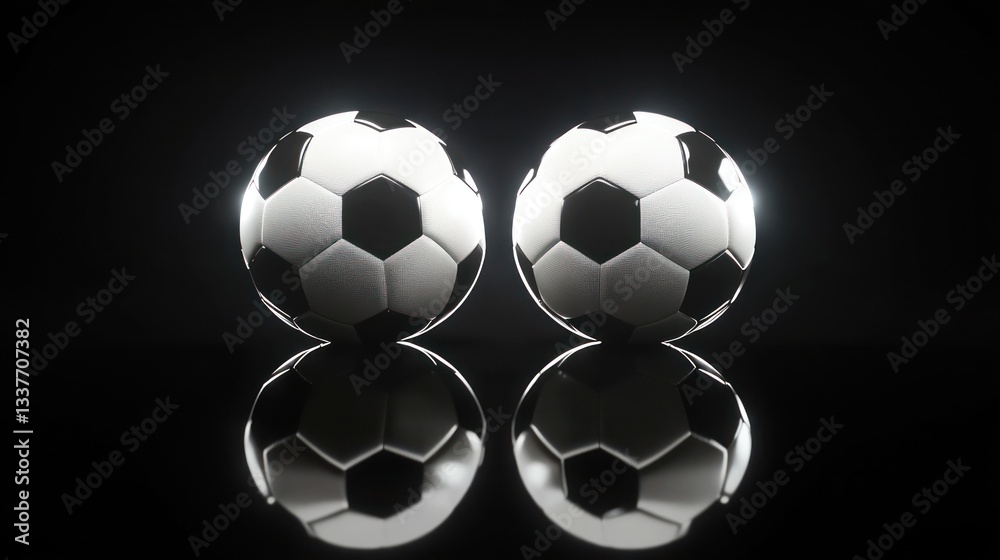 Naklejka premium Two soccer balls reflecting in a dark environment, highlighting their design and texture for sports-themed visuals