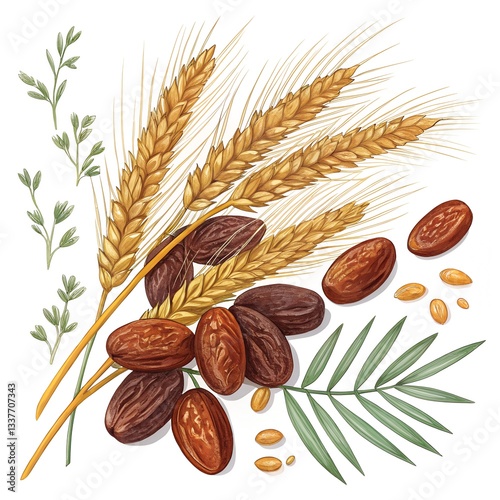 Top-View Digital Illustration of Date Palm Fruits and Wheat Stalks
