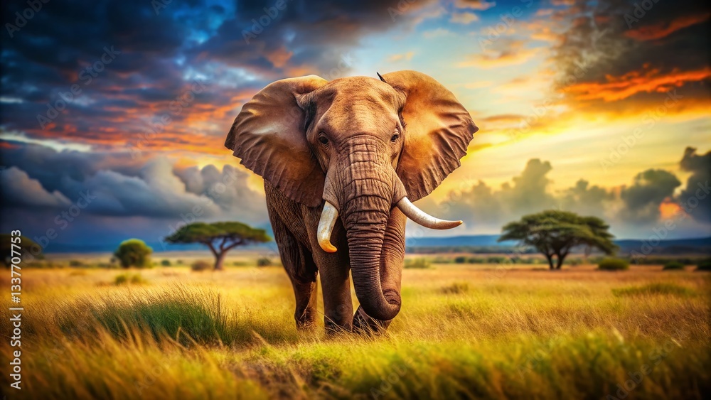 Fototapeta premium Majestic African Elephant Charging in Kenya - Tilt-Shift Photography