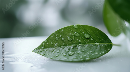 Fresh green leaf with dewdrops symbolizes health and renewal, set against a serene forest backdrop, evoking hope and vitality.