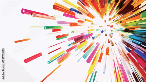 The image depicts an abstract composition of numerous multicolored lines radiating outwards from a central point, creating a sense of explosion or burst.  The lines vary in length and thickness,