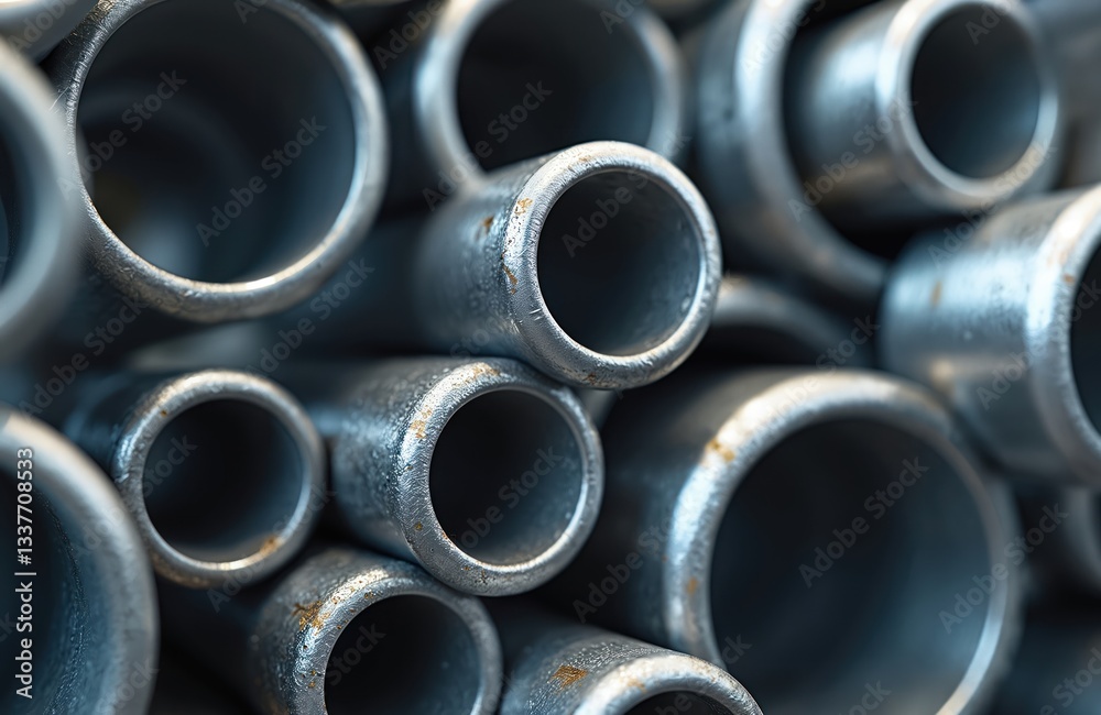 Stack of metal pipes with metallic sheen. Round industrial iron tubes pile. Stainless steel manufacture work equipment. Construction material cylinder, abstract background for engineering, plumbing, Stack of metal pipes with metallic sheen. Round industrial iron tubes pile. Stainless steel manufacture work equipment. Construction material cylinder, abstract background for engineering, plumbing,