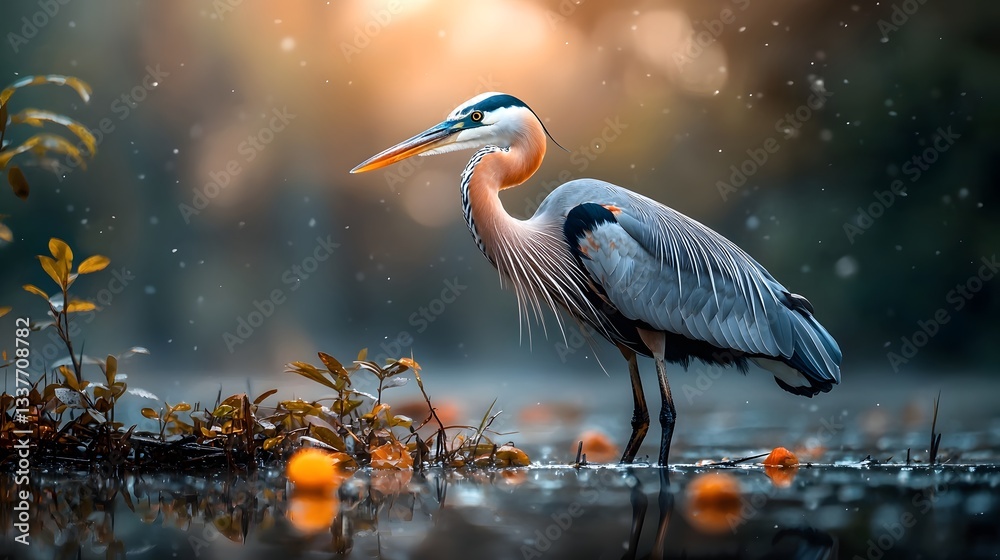 Fototapeta premium Majestic Goliath Heron Standing Tall in Misty Wetland Its Enormous Wings Slightly Spread Creating a Captivating and Atmospheric Scene with Copy Space for Text or Design