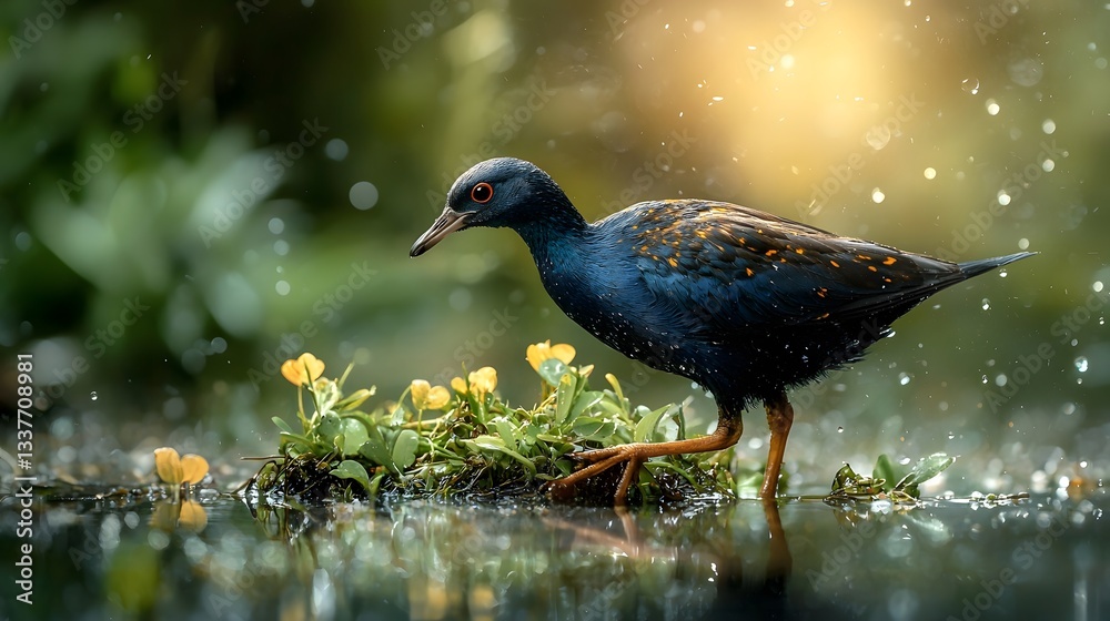 Fototapeta premium Vibrant Purple Gallinule Stepping Carefully Across Floating Vegetation its Striking Blue Feathers Shining in the Sunlight in a Serene Wetland Environment