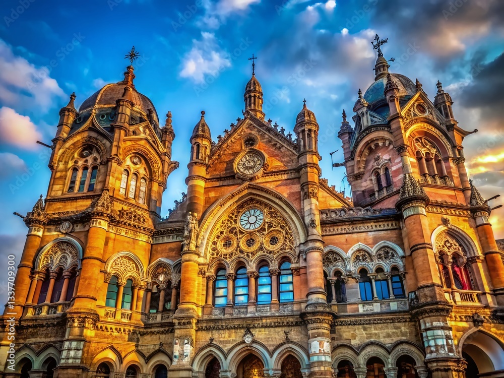 Obraz premium Majestic Chhatrapati Shivaji Terminus Railway Station, Mumbai, India - Architectural Detail