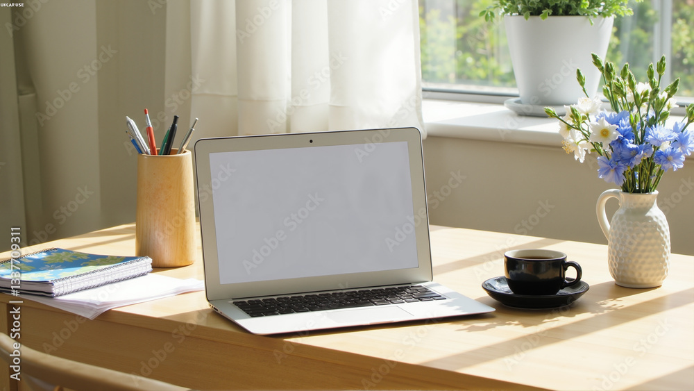Modern workspace with clean desk, laptop beside potted plants and stationery, bright natural light filling the room. Modern workspace with clean desk, laptop beside potted plants and stationery, bright natural light filling the room.