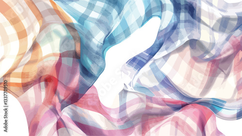 Close-up shot of a flowing, translucent fabric with a striped pattern in various pastel colors, including shades of pink, blue, orange, and white. The fabric is arranged in soft folds and drapes,