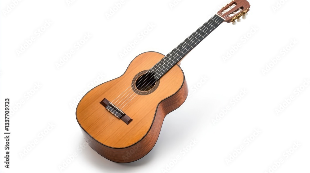 Fototapeta premium A beautifully crafted acoustic guitar resting on a white surface, showcasing its natural wood grain and design