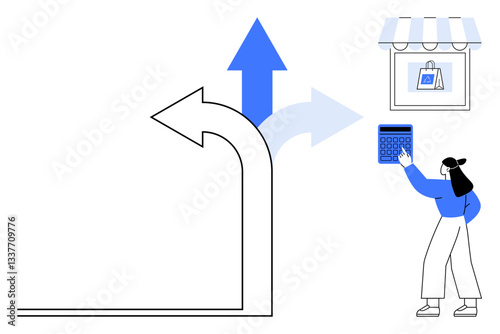 Woman analyzing business data with a calculator near shopfront. Arrows show direction choices. Ideal for business planning, decision making, strategy, small business, retail, entrepreneurship