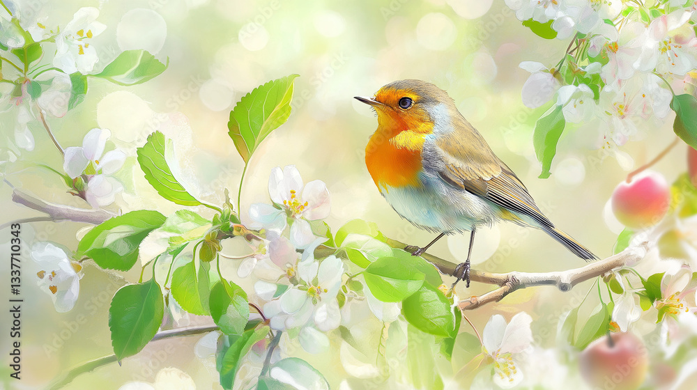 robin bird on a white flower branch robin bird on a white flower branch
