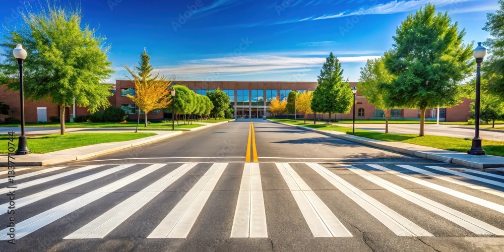 Naklejka premium Wide shot of an empty school crosswalk on a sunny summer day, outdoor, sidewalk, outdoor, sidewalk, street, building, deserted