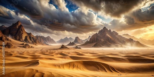 The desert took on a surreal quality as swirling sands devoured the distant mountains and rocks, leaving behind an eerie stillness , sandstorm, landscape