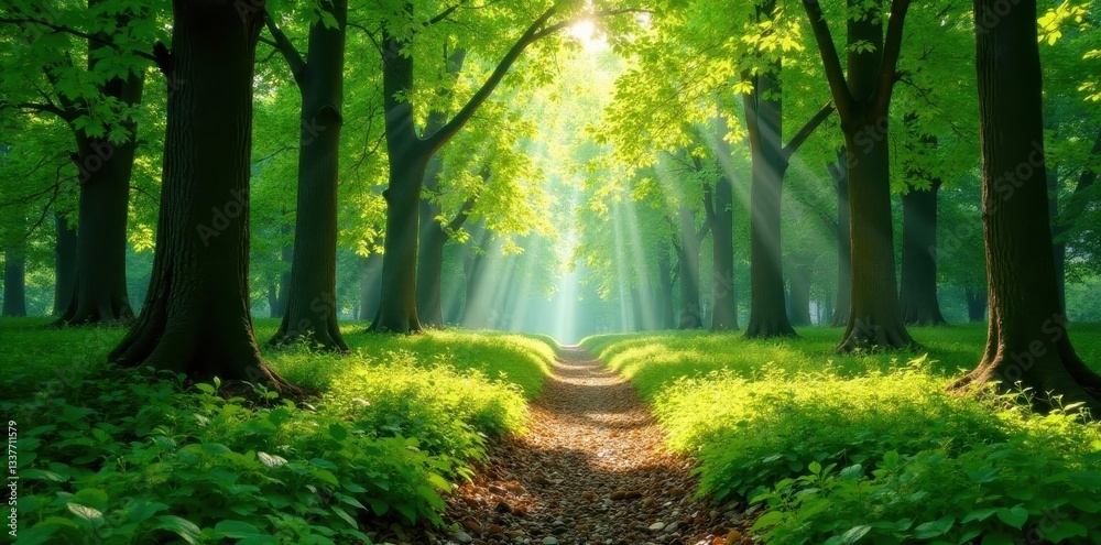 Naklejka premium Sunlight dappled forest floor, lush green canopy, tranquil spring scene, peaceful, tranquil