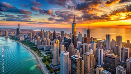 Panoramic view of Chicago skyline at sunset over Lake Michigan from the Hancock Center